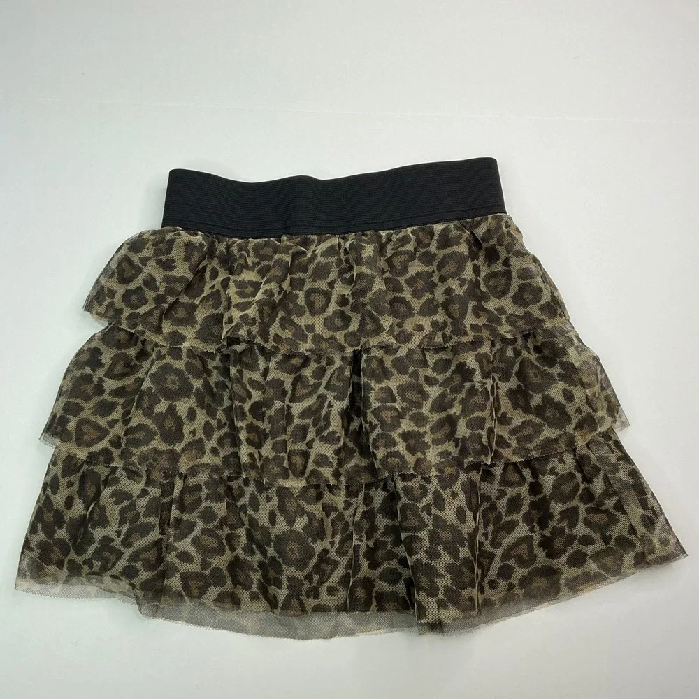 The Children's Place Brown Leopard Print Skirt Girls 10/12 Tiered Mesh Elastic